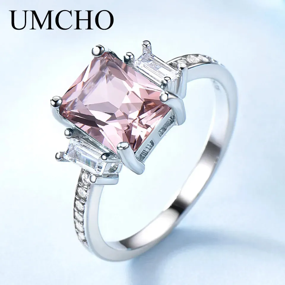 UMCHO SOLID Sterling Silver Cushion Morganite Gemstone Rings for Women Engagement Anniversary Band Valentine's Gift Ring Set 240109