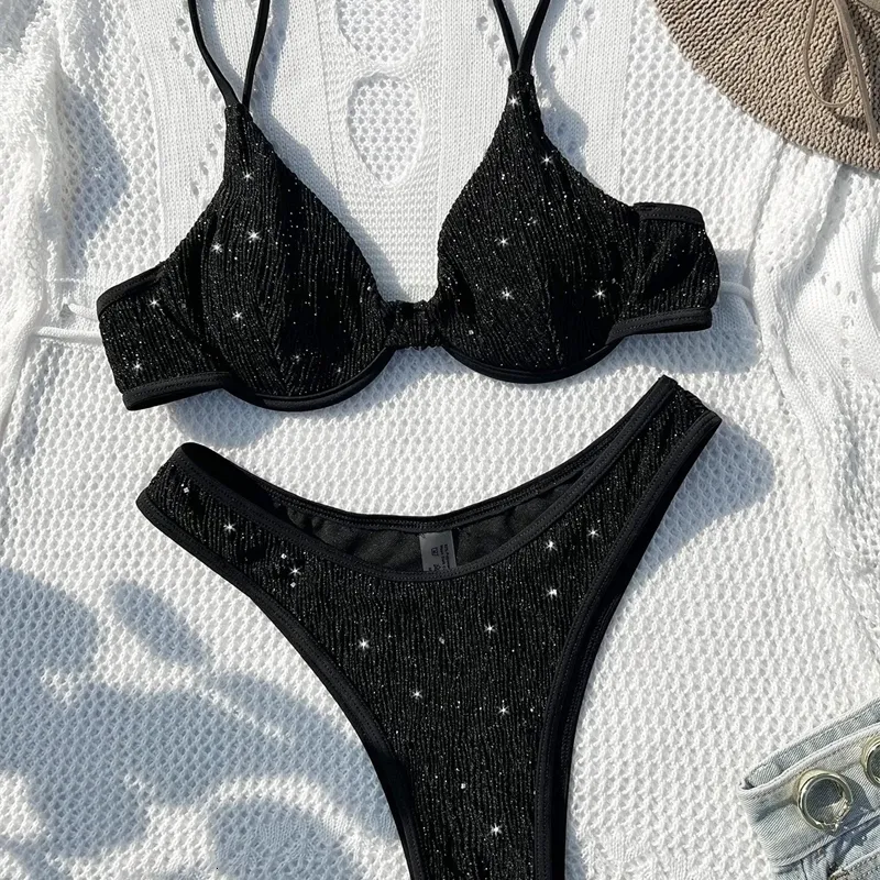 Maillot de bain pour femme 203 noir brillant bikini sexy taille haute deux pièces maillot de bain support en acier femme col en V maillot de bain de plage YX1378X 240110
