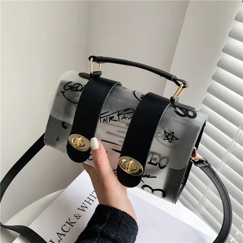 2023 mode Frauen Transparent Montage Muster Schulter Tasche Hardware Kette Riemen Farbe Block Messenger Handtasche Verbund Tote 240110