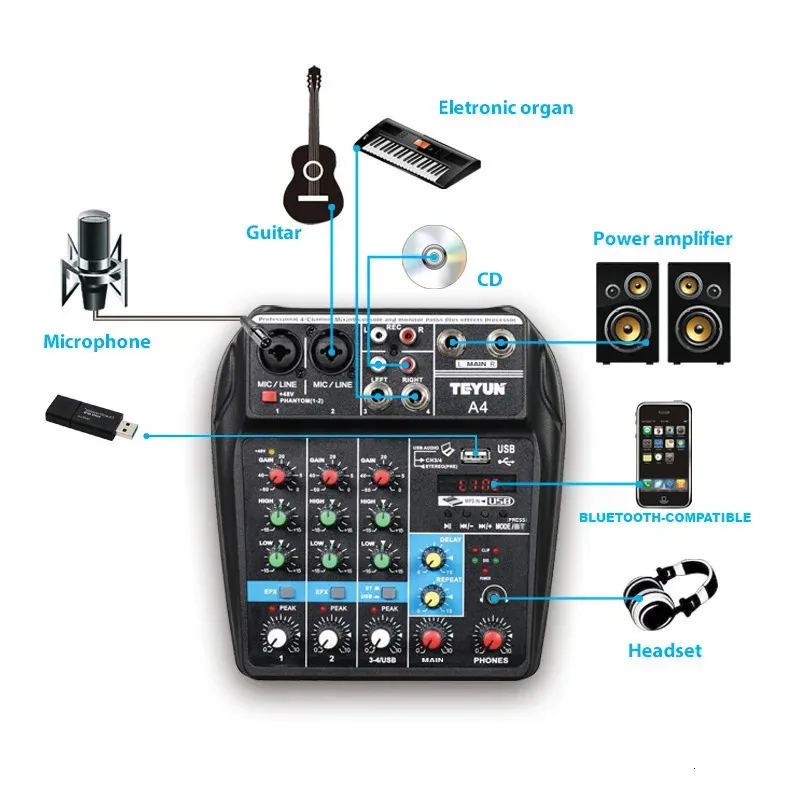 Teyun Professional 4Channel Digital Mixing Card Microphone Mobile Phone Broadcast Computer Recording DJ Audio Equipment 240110