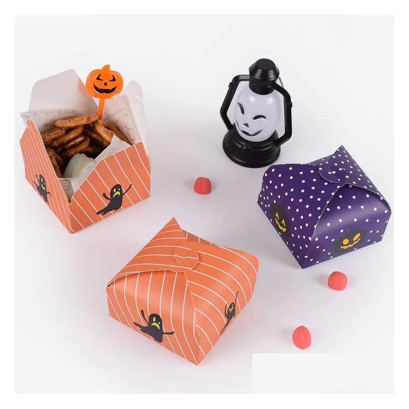 Envoltório de presente 500 pcs presente envoltório bonito halloween quadrado papel doce tira dobrável padrão laranja bolinhas roxas 7.5x7.5x3.5cm gota entrega dhfr9