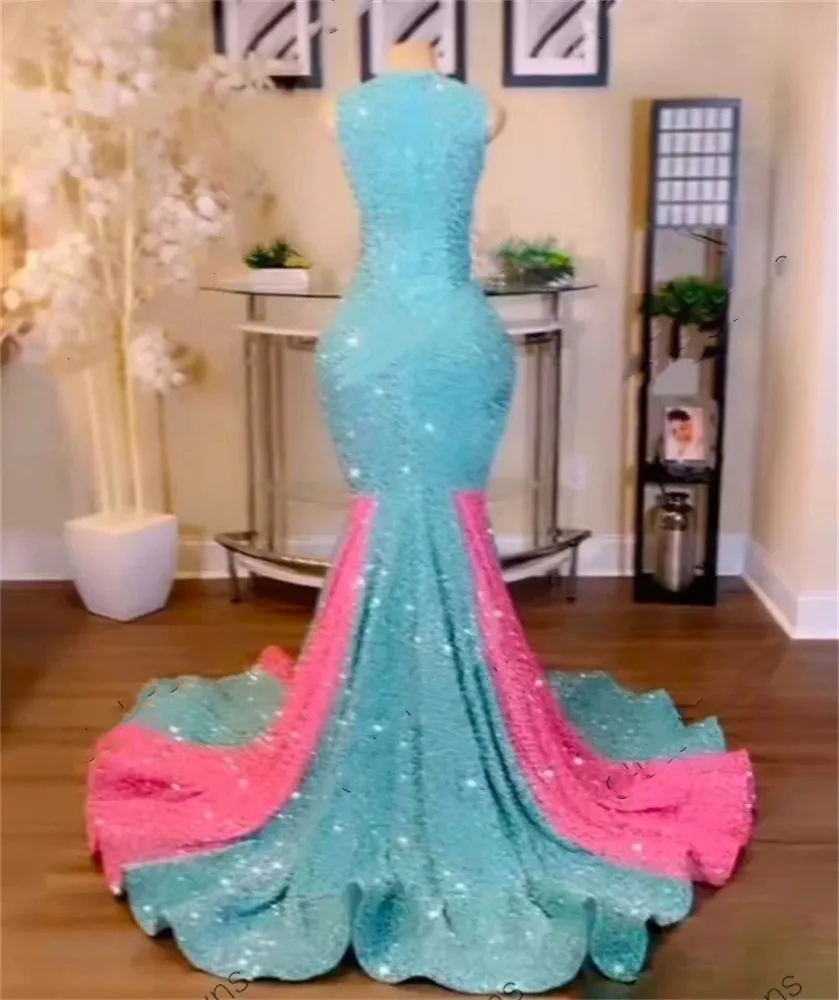 open lace back dress Sparkle Tiffany Blue Sequins Long Prom Dress with Slit – FancyVestido main image 1