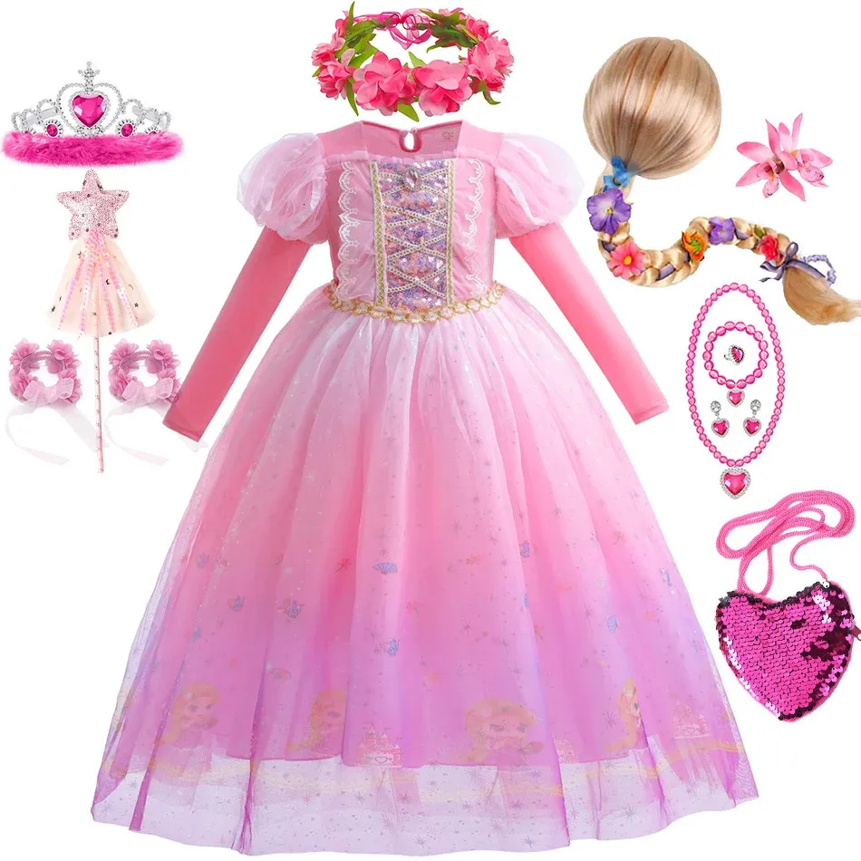 Mädchen Rapunzel Kostüm Tangled Langarm Prinzessin Kleid Kinder Luxus Druck Ballkleid Spitze Pailletten Farbverlauf Flauschige Kleider 240109