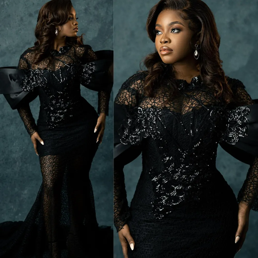 Robes de soirée sirène noire élégante illusion manches longues robes de bal Fulllace pour femmes noires africaines robe de fête d'anniversaire deuxième robes de réception NL462