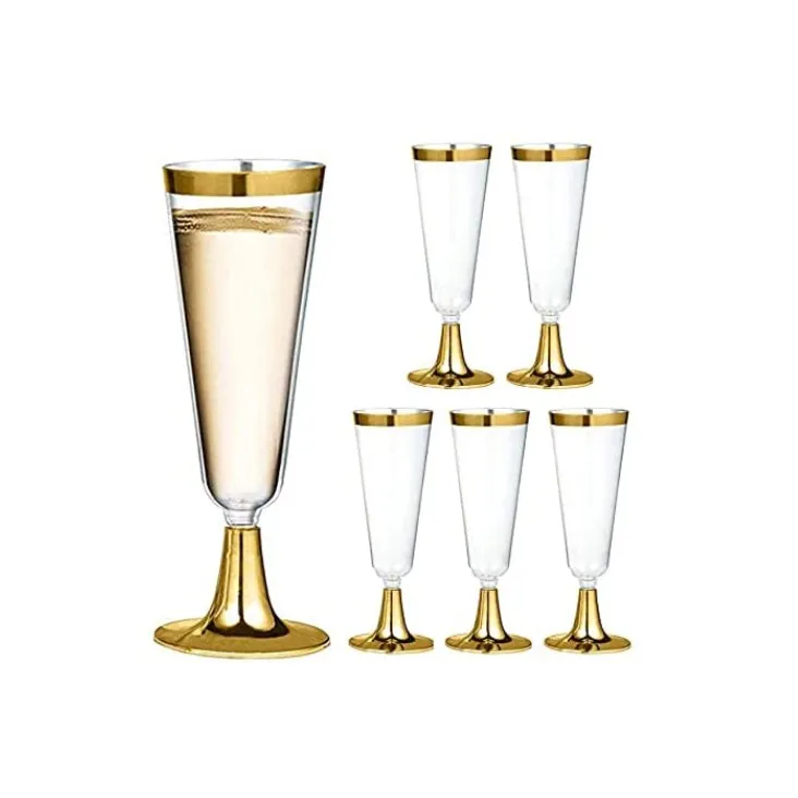 Plastic Champagne Flutes 4.5 Oz Gold Rim Glasses Disposable Clear Toasting Glasses Recyclable Cups for Wedding Party