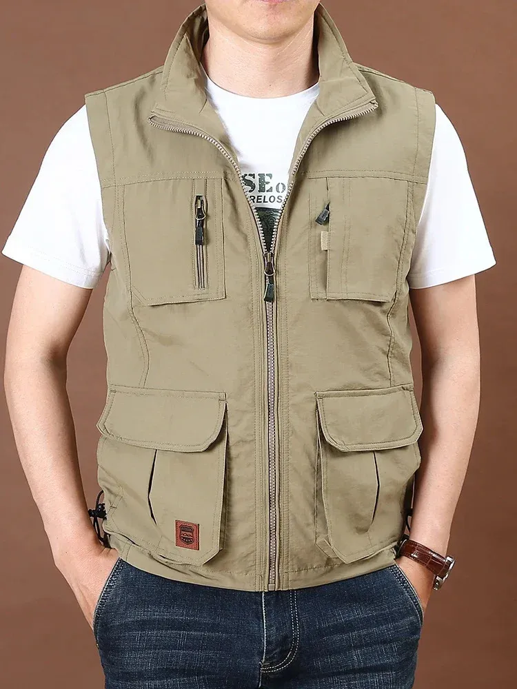 Men's Thin Tooling Loose Quick Drying Vest Outdoor Sports Coat Multi Pocket Stand Collar Spring Camping Fishing 240109