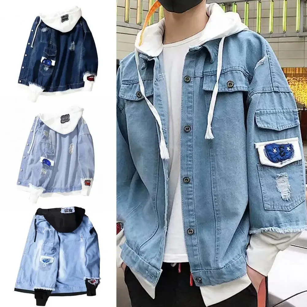 Jean Jacket Super Soft Buttons Ripped Drawstring Denim Single Breasted for Camping 240109