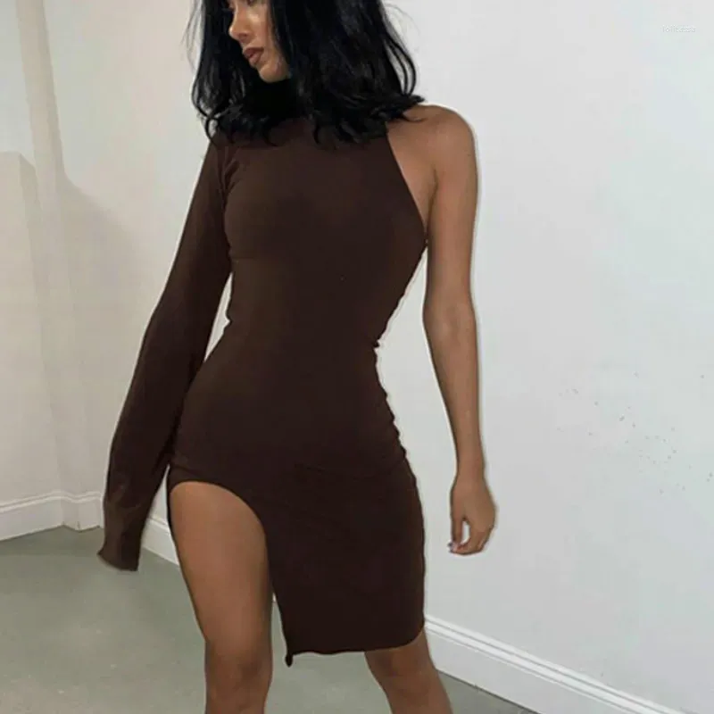 Casual Dresses One-shoulder Long-sleeved Women's Party Dress Side Slit Autumn Fashion Sexy Tight Club Wear Mini Temperament Solid Y2k