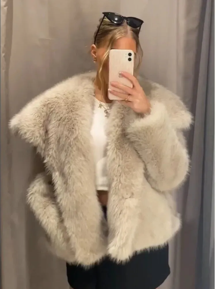 Women Fashion Faux Fux Fur Jacket Chic Dark Long Sleeve Fluffy Cardigan Catigan Cooats Winter Lady Luxury Streetwear Coats 240110