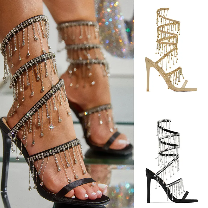 Tacones de diseñador Sandalias adornadas con cristales fiesta fiesta tacones de aguja de cuero tacones altos Zapatos de noche zapatos de tacón de diseñador para mujer calzado