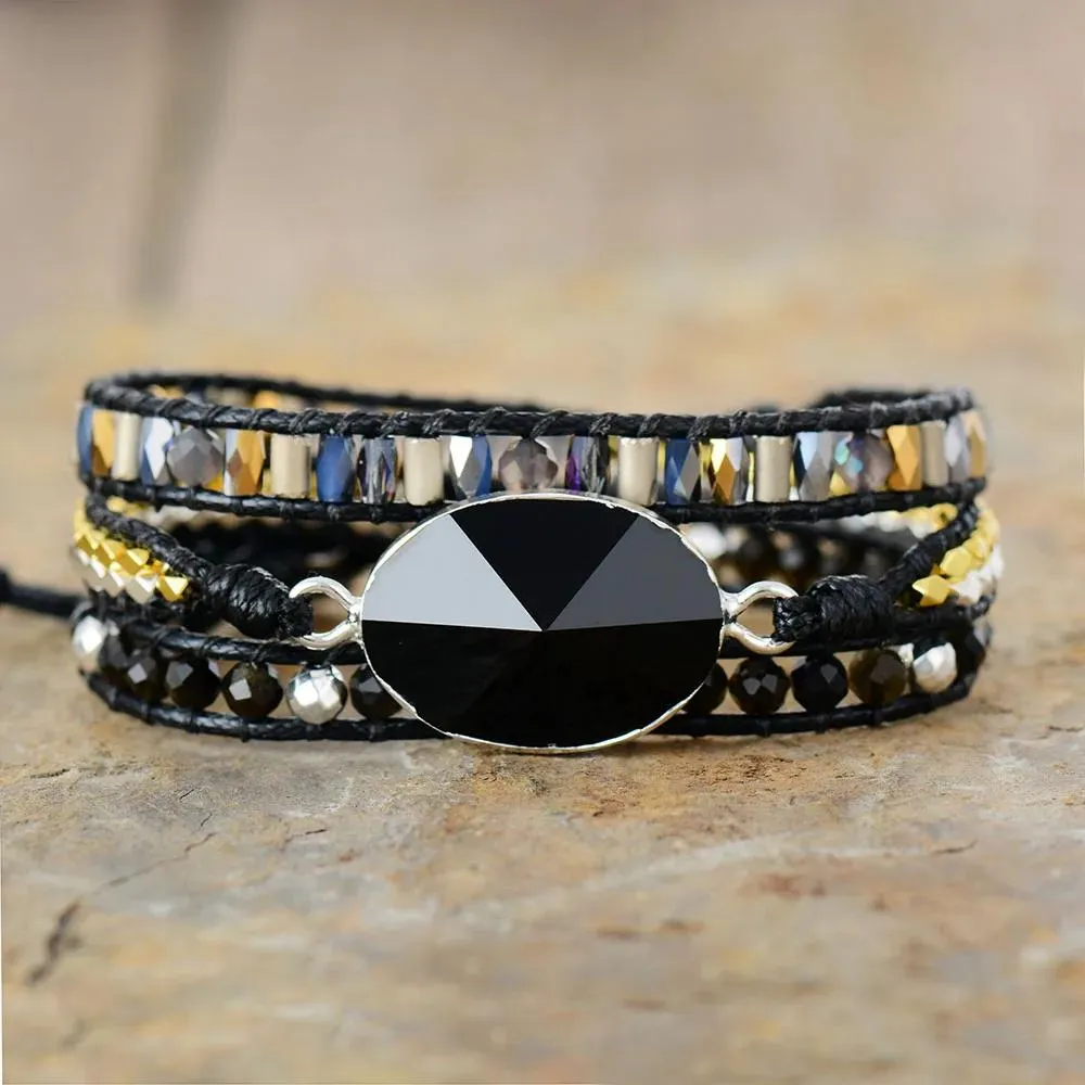 Браслеты Черные браслеты с запахом и пирамидкой из натурального камня, кристаллы оникса, тройной массивный бисер, веганский браслет, бижутерия, богемные украшения