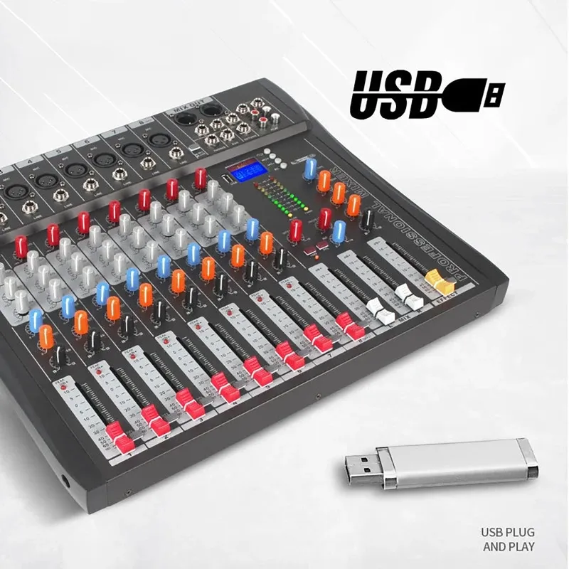 Аудиомикшер 8-канальный микшерный пульт Bluetooth Звуковая плата USB-реверберация для ПК Stage Studio DJ Контроллер Мониторинг 240110