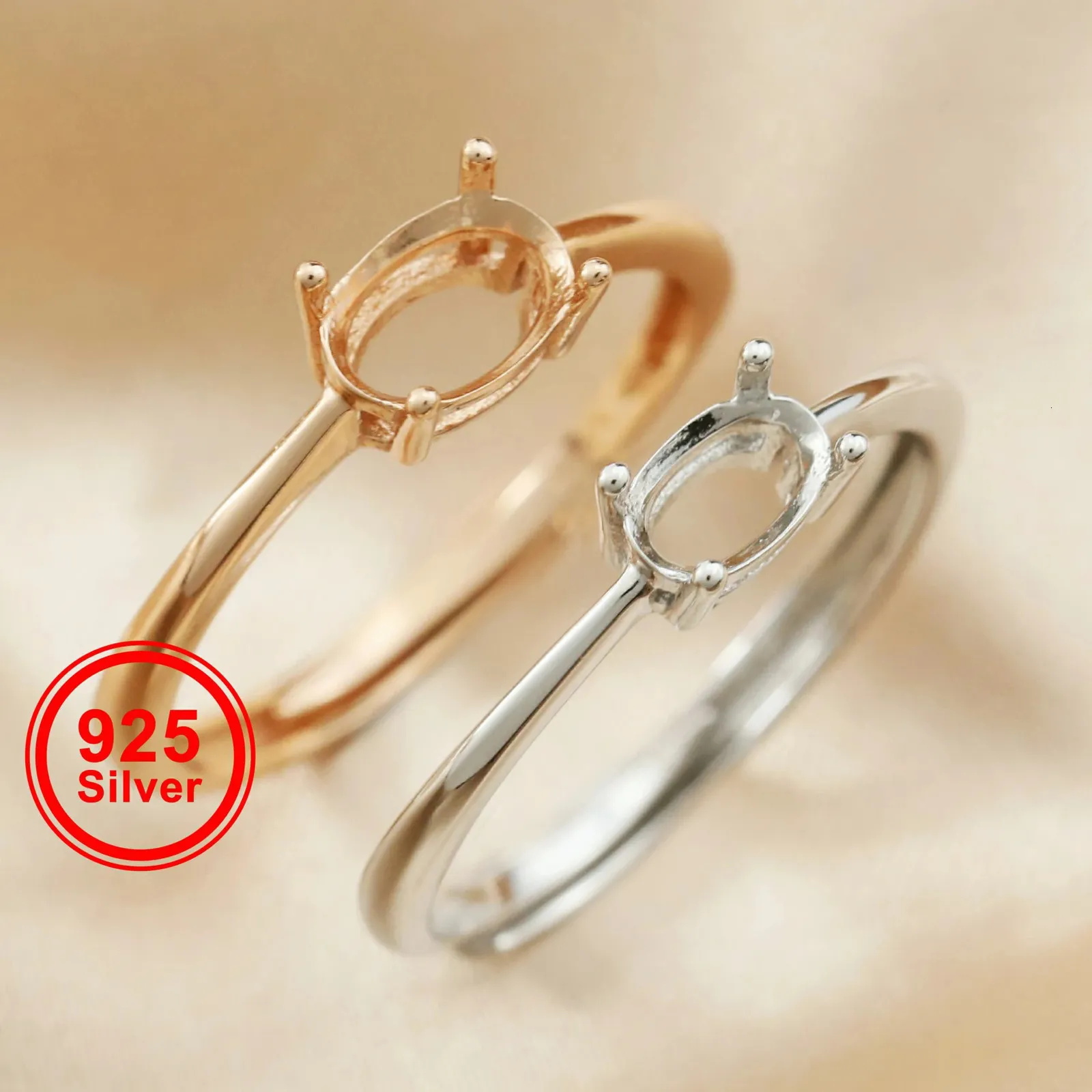 Simples oval prong anel configurações lembrança resina rosa banhado a ouro sólido 925 prata esterlina diy anel moldura para pedra preciosa 1224125 240109