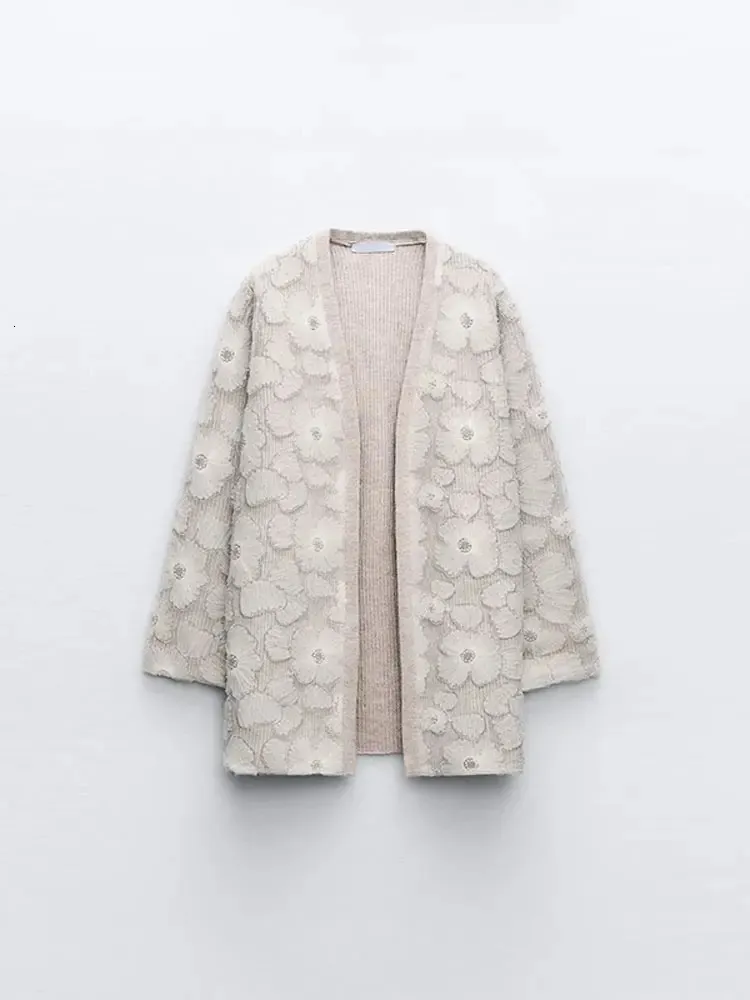 Chic dentelle florale point ouvert manteau mode solide col en v à manches longues Cardigan automne hiver femmes chaud polyvalent vêtements d'extérieur 240110