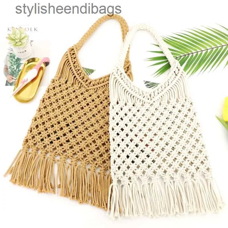 Axelväskor Ny tjock bomullstrå Tassel Str Bag Hollow Shoulder Woven Bag Casual Handbag Beach Bagstylisheendibags