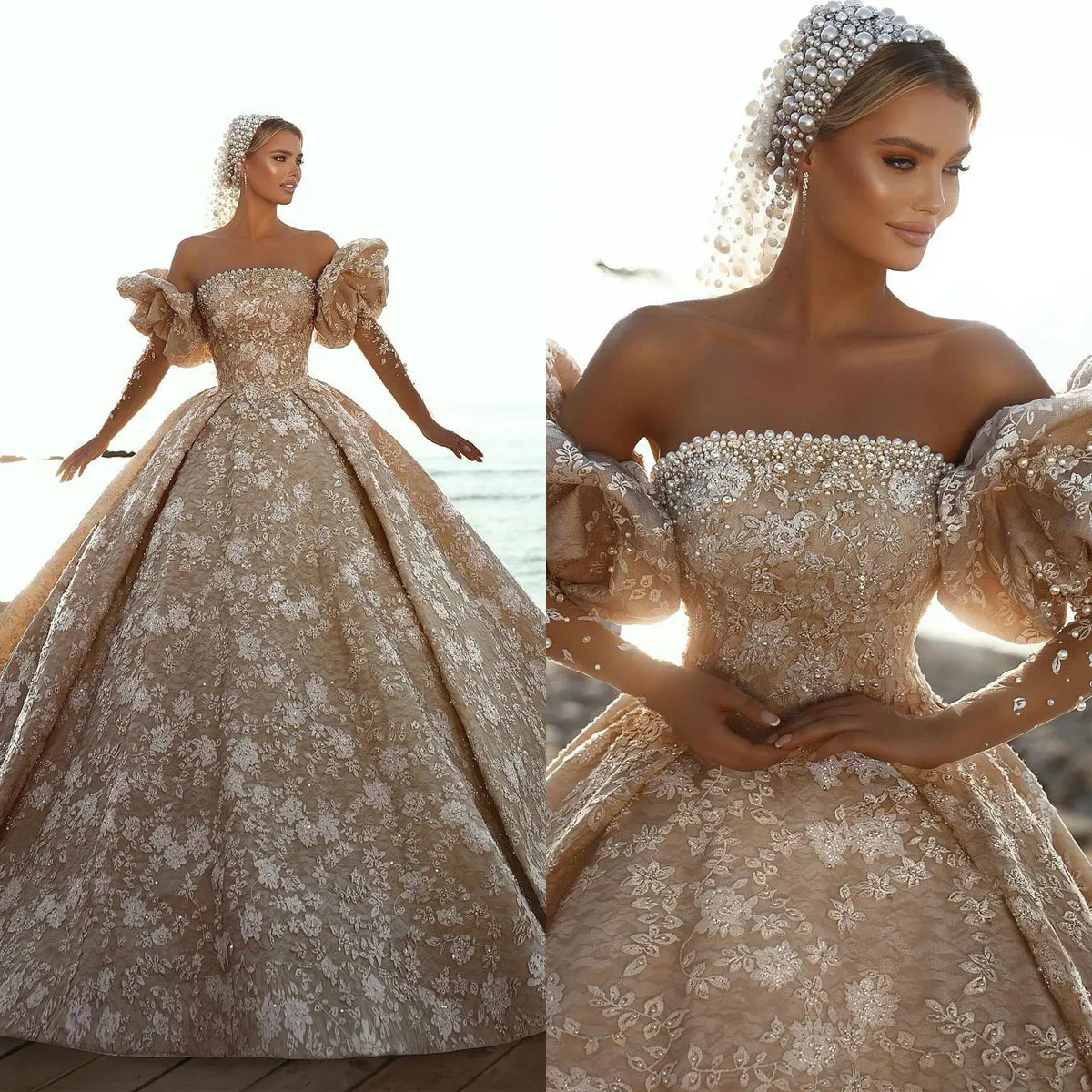 Arabisk spetsboll klänning bröllopsklänning puff av axel kort ärm prinsessa klänningar vintage applikationer brudklänningar