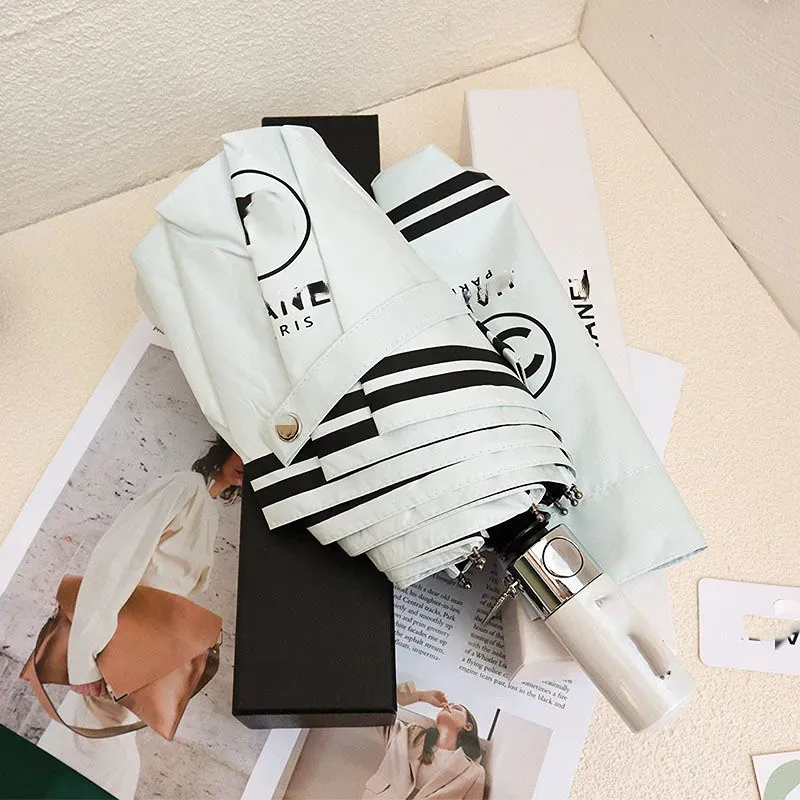 Простые женские дизайнерские полностью автоматические зонты Ретро складной зонт от дождя и блеска с логотипом, черный и белый