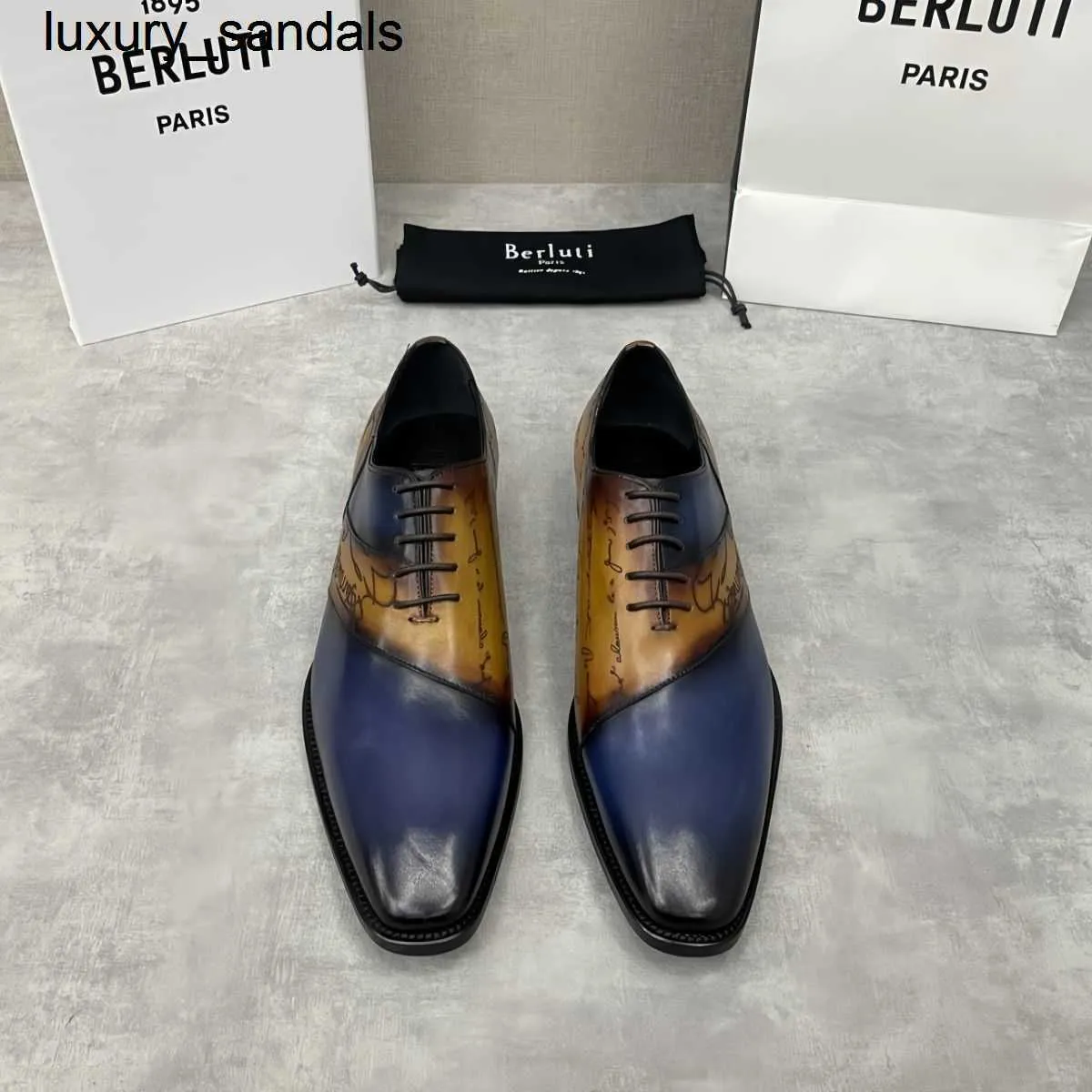 Berluti Business Leather Shoes Oxford Calfskin Handmade Top Quality patchwork color Scritto patterned gentleman's formalwq