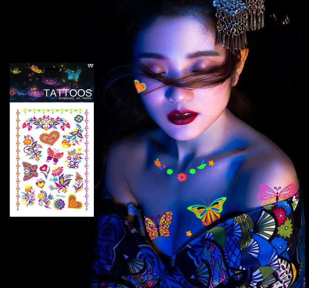 1 folha de tatuagens temporárias luminosas, adesivos que brilham, escuro, fluorescente, à prova d'água, tatuagem de borboleta para rosto, arte corporal, festa de halloween, 1852973