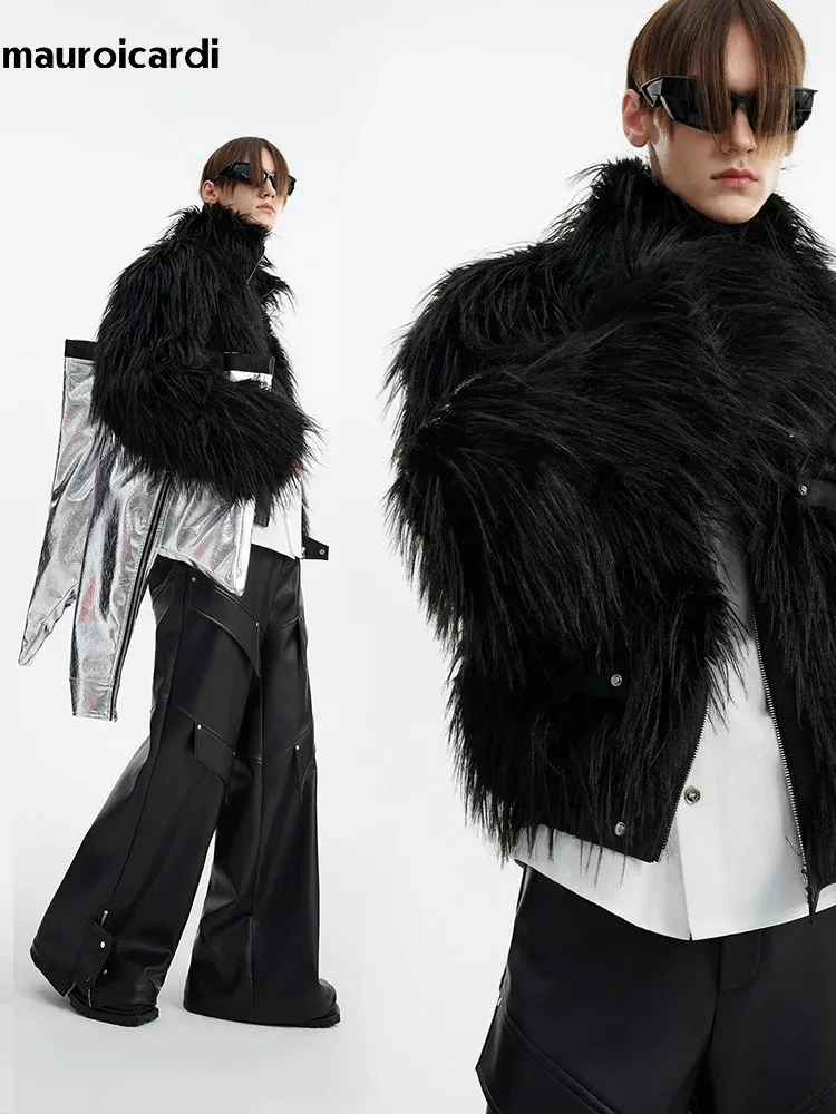 Mauroicardi hiver Cool beau noir épais chaud doux Patchwork fausse fourrure manteau hommes de luxe Designer vêtements moelleux veste 240110