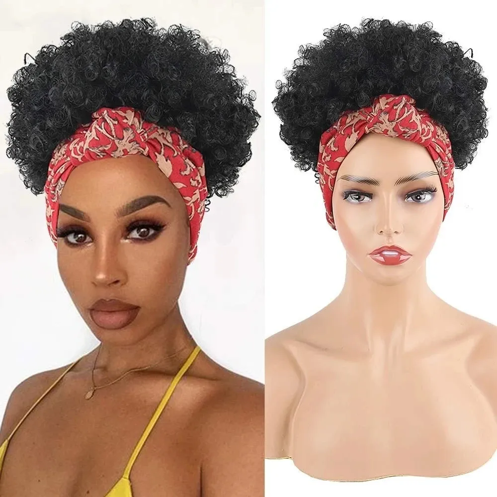 Headband Wig Scarf Short Afro Kinky Curly Black Wigs Synthetic Wrap For Women Daily Use 240110