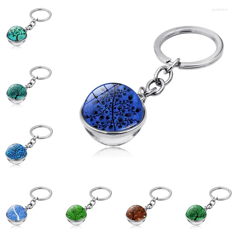 Keychains 70 färger dubbla sido -glashänge Tree of Life Keychain Keyring Women Men smycken Trendiga klassiska grossist