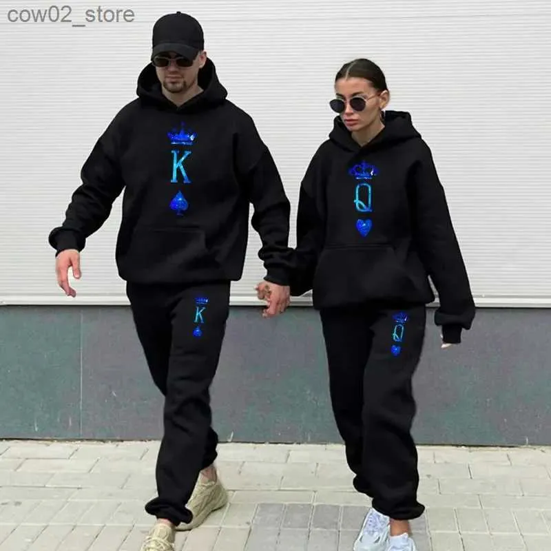 Tracksuits masculinos casal sportwear rei rainha impressão hoodies calças de duas peças conjunto moda amante streetwear homens mulheres combinando roupas q230110