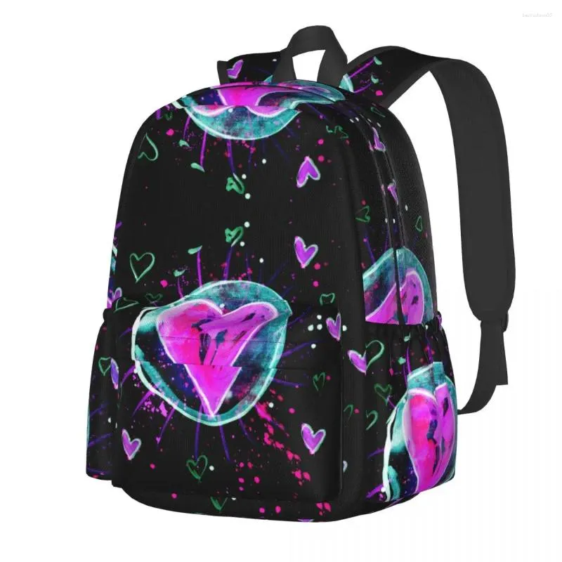 Rucksack, Neon-Herzen, Graffiti-Junge, abstrakt, geometrisch, große Rucksäcke, lustige Schultaschen, bunter Uni-Rucksack