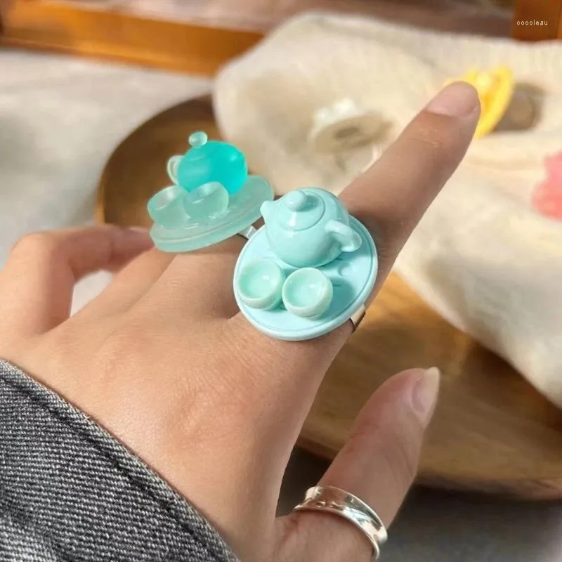 Cluster Rings Vintage Creative Acrylic Simulation Kettle Tea Ring Colorful Sweet Cool Funny For Women Men Korean Fashion Party Jewelry