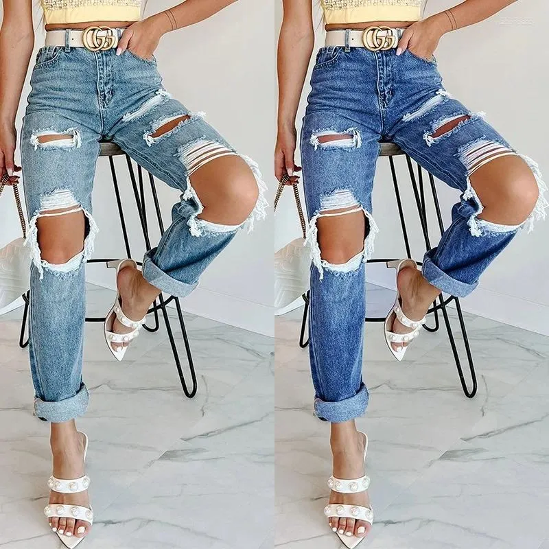 Women's Jeans Women Denim High Waist Ankle Length Holes Straight Pants Pockets Solid Loose Fit Slight Strech Spring 2024 Street