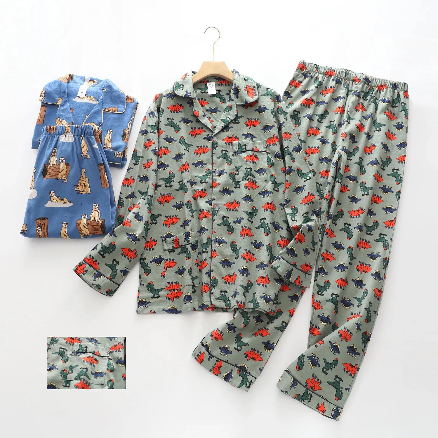 Fashion dinosaur 100% brushed cotton pajamas sets men cartoon sleepwear spring winter homewear male plus size 100kg 240110