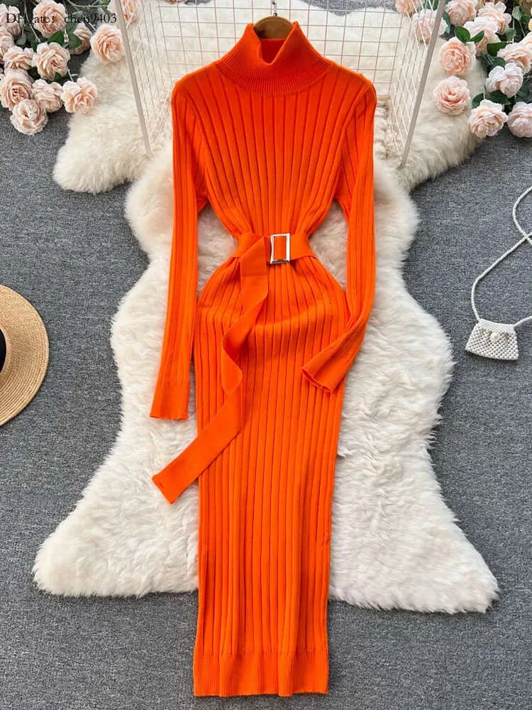 Ограниченное количество повседневных больших платьев Yuoomuoo, распродажа, женский осенне-зимний элегантный вязаный свитер с воротником и поясом, облегающее тело на бедрах 230223