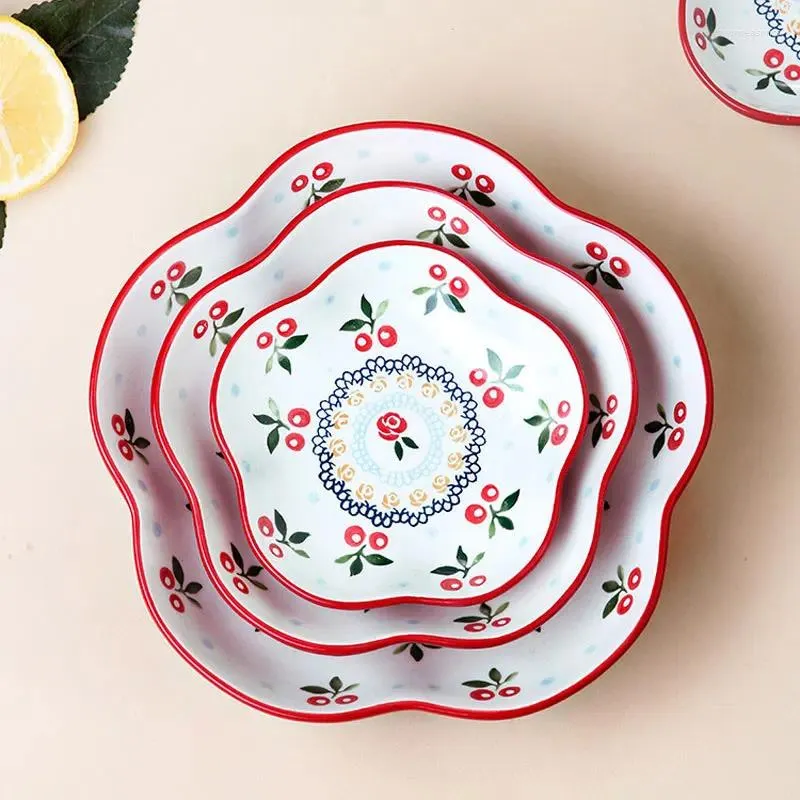 Teller 3PCS japanische handbemalte Kirsche Set Keramik Brot Salat Dessert Gerichte Vintage Teller Geschirr Home Party Dekor