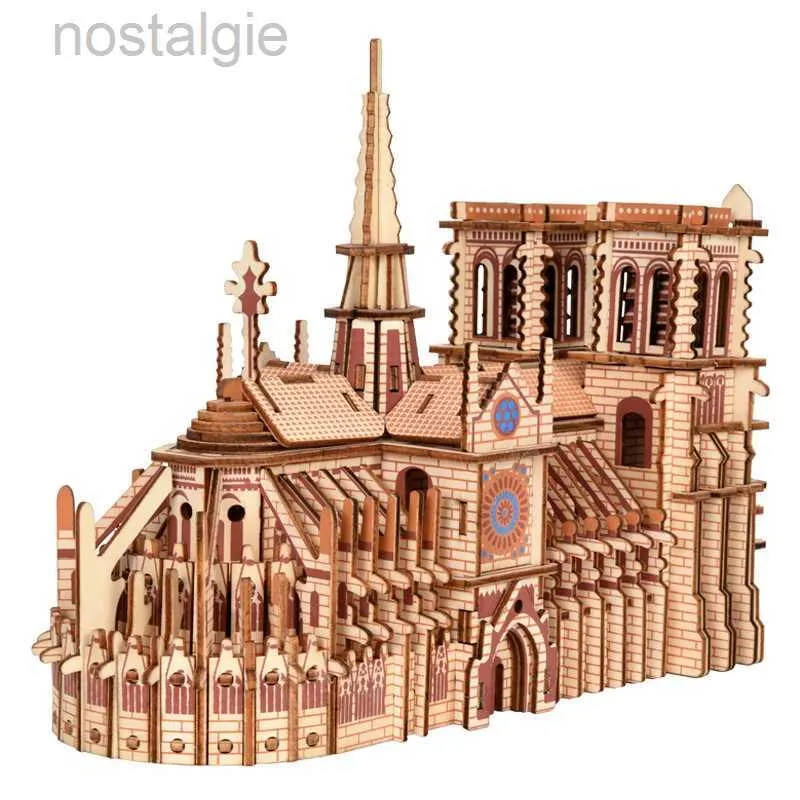 Blokken 3D Houten Puzzels Notre Dame Kathedraal Zeilboot Vliegtuig Schip Jigsaw Houtbewerkingsset Educatief speelgoed voor kinderen Bouwrobotmodel 240401