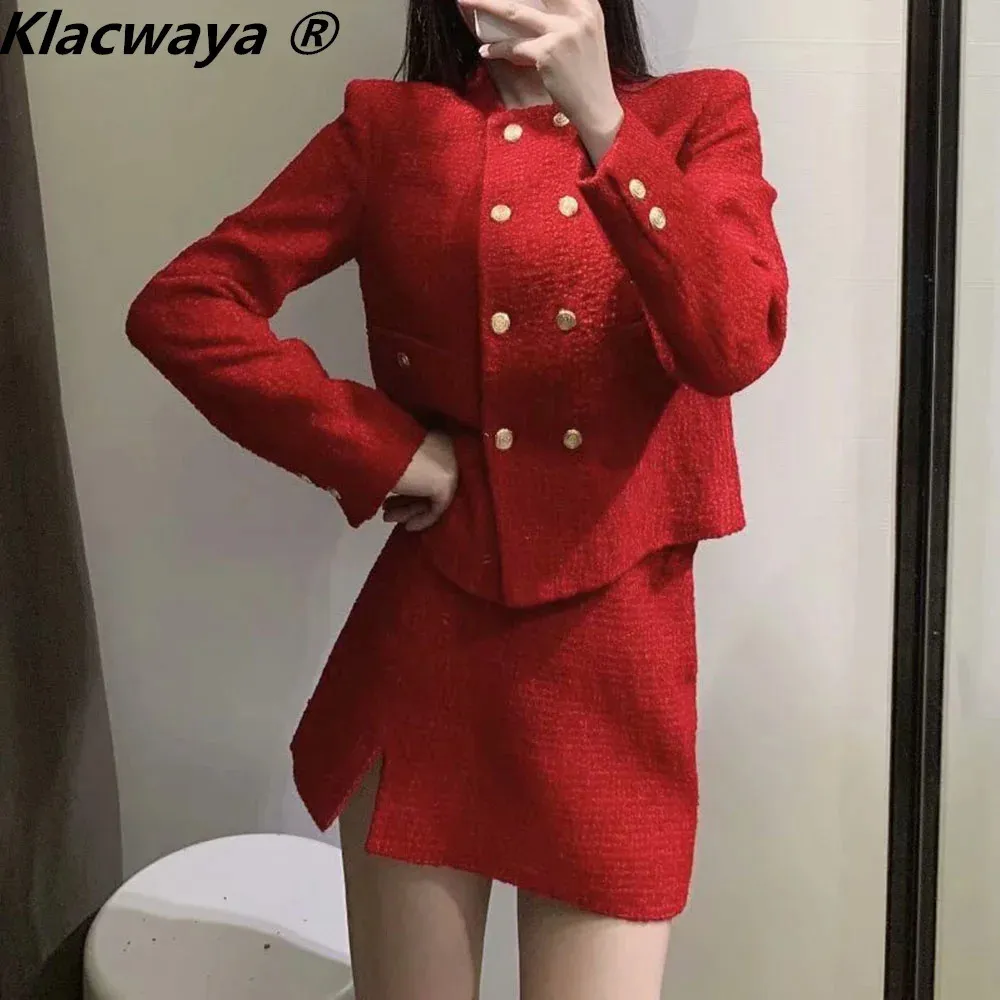 Klacwaya Women Fashion Two-Piece Set Vintage Red Tweed Double Breasted Blazer Feamle Slit Tweed Mini Skirt Chic Suit 240109