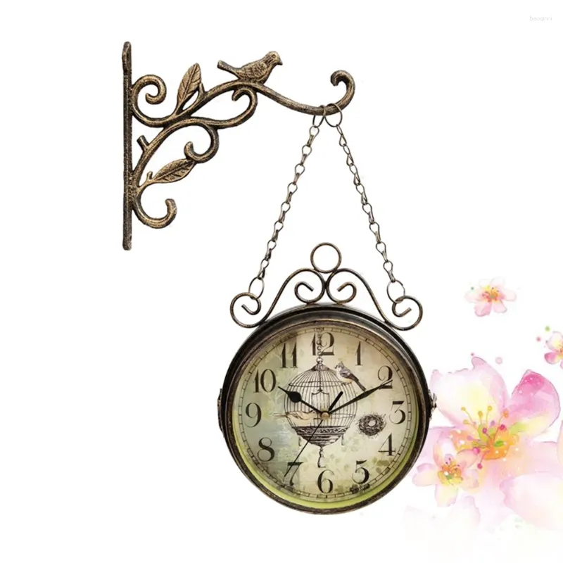Zegary ścienne żelazny zegar dwustronny z montażem przewijania kutego ptaka ozdobna stacja kolejowa styl metalowego zegarek cuccu