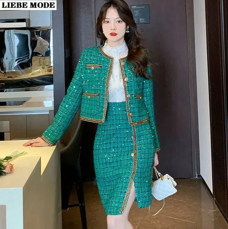 Spring Autumn Women's Green Tweed Blazer Set Office Formal Party Women Sequin Plaid Woolen Jacket and Split Midi Skirt Suit 240109