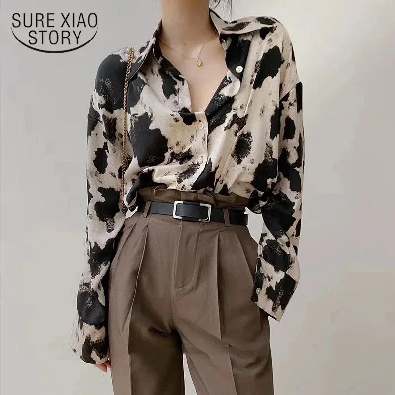 Vache imprimer boutonné chemises femmes à manches longues Blouse mode coréenne vêtements amples en mousseline de soie chemise haut printemps 13486 240109