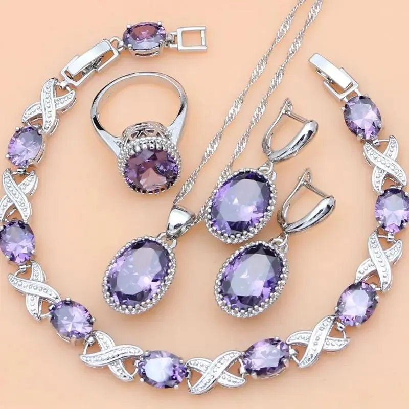 Ensembles de bijoux en argent 925, zircone cubique naturelle violette, cristal blanc, boucles d'oreilles/pendentif/collier/bagues/Bracelet de Tennis pour femmes