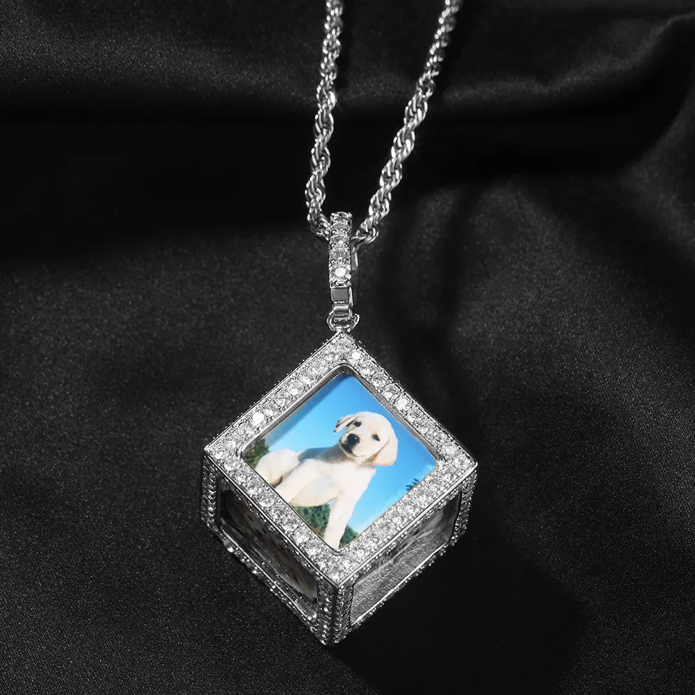 DIY Custom 6 Sides Cube 3D Photo Pendant Necklace TopBling Full Zircon Men Women Jewelry Gift