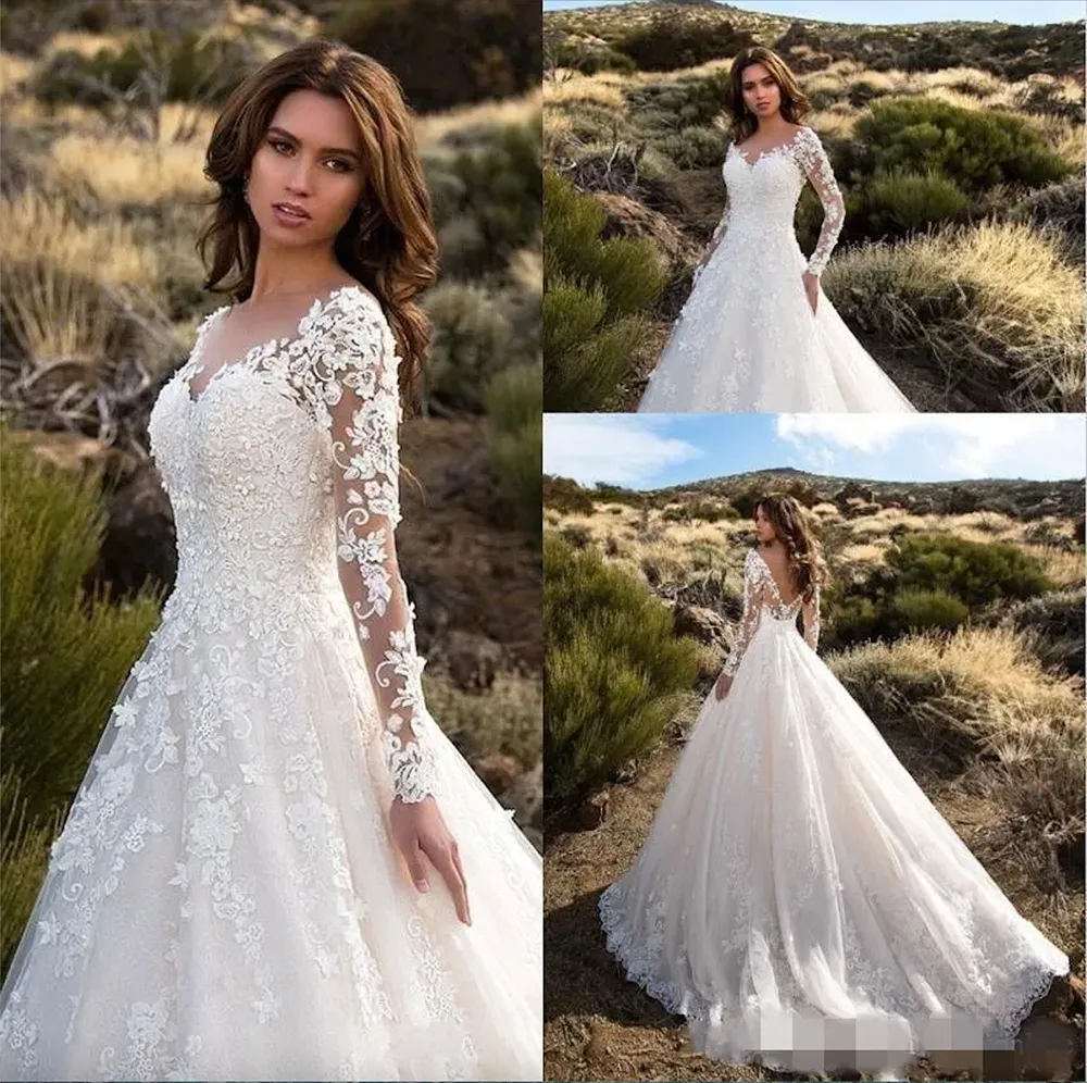 2024 Skromne długie rękawy A Line Suknie ślubne V Koronki Koronki Zastosowany Train Plus Size Wedding Bride Suknia Vestido de Novia