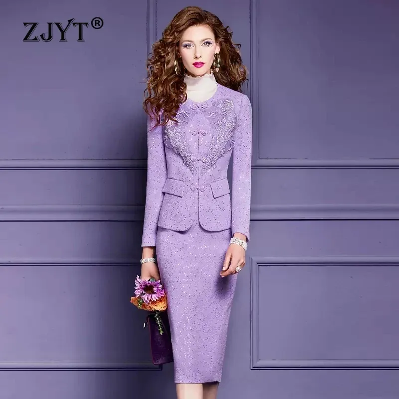 ZJYT paillettes Tweed laine veste et jupe crayon ensemble 2 pièces tenue pour femmes printemps bureau dame décontracté quotidien robe ensembles 240109