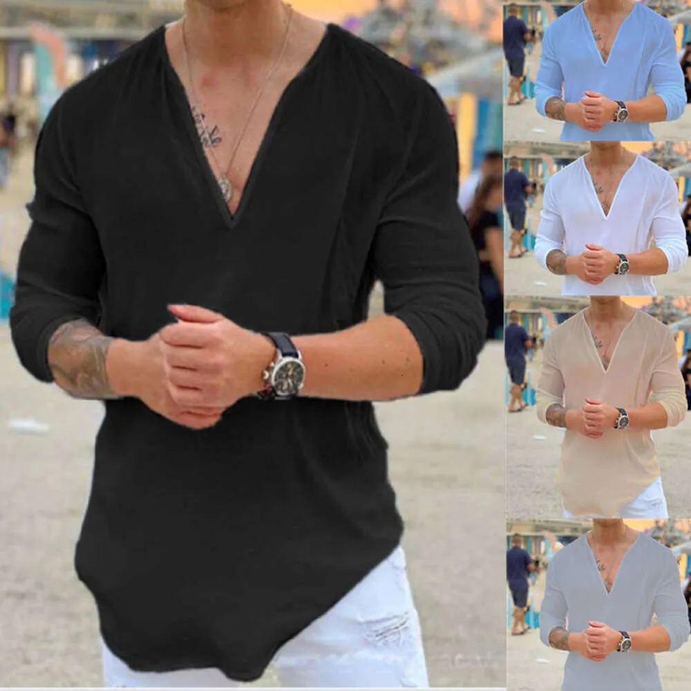 European and American Amazon Independent Station New Men's Shirt V-neck Casual Solid Color T-shirt 2023 Men's Cotton Linen Shirt Long Sleeved