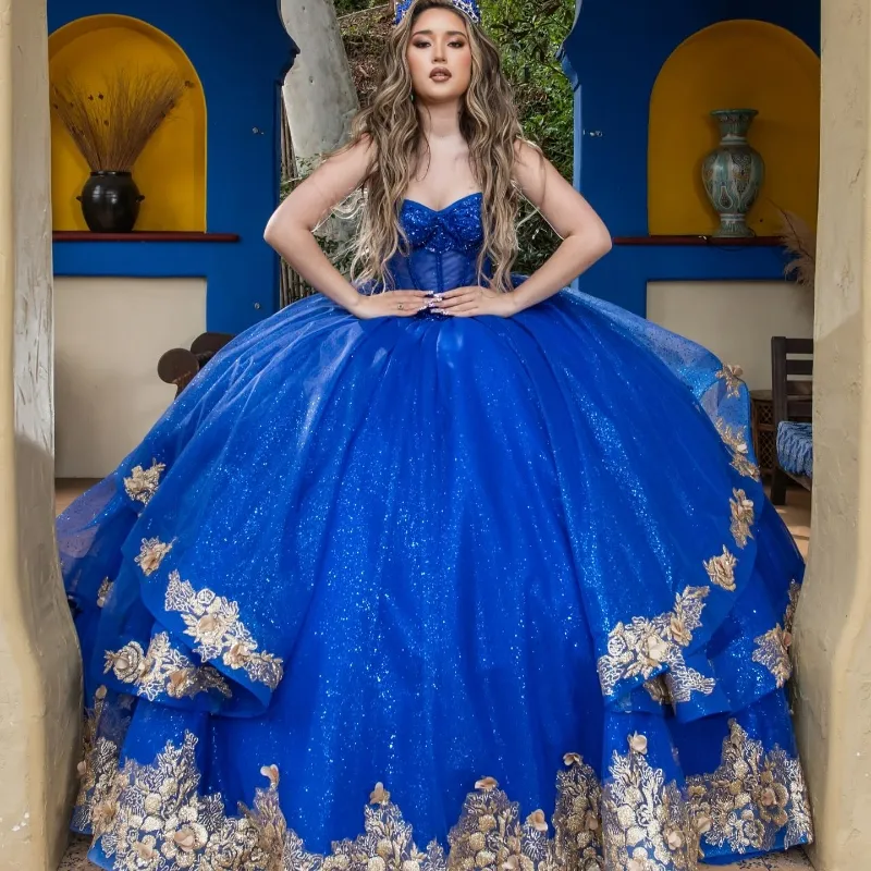 Urocze Mexi Blue Ball Suknia Quinceanera Sukienki Luksusowe złote aplikacje koronkowe z ramię słodki 16 sukienki koronkowe vestidos de 15 anos