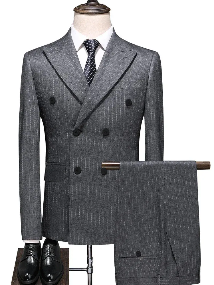 S7xl outono estilo ternos doublebreasted fino masculino listrado negócios profissional casual formal 2 peça conjunto noivo casamento 240110