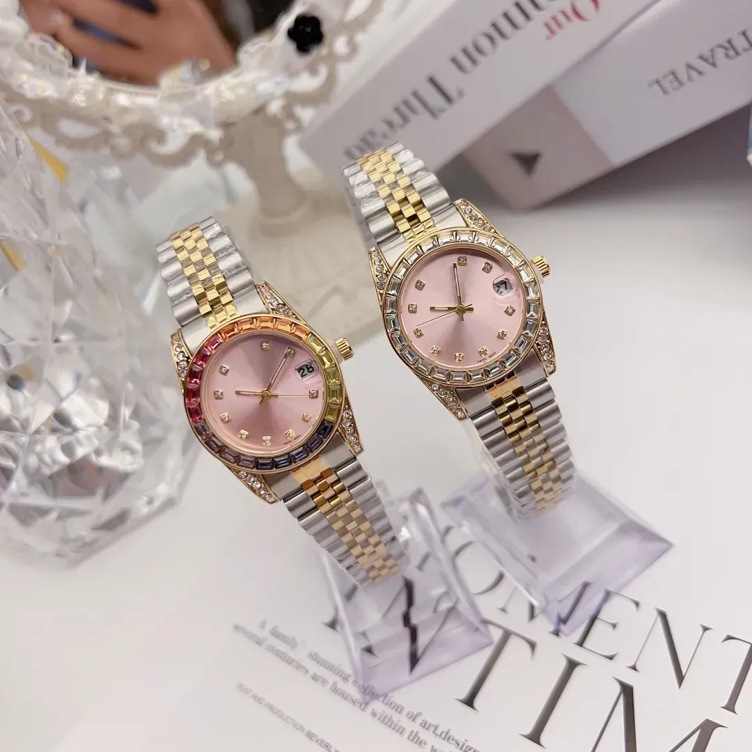 2024 Top High Women White Diamond Inkrustowane zegarek na rękę twarz Kwarc Automatyczne zegarek Wodoodporne zegarki ze stali nierdzewnej