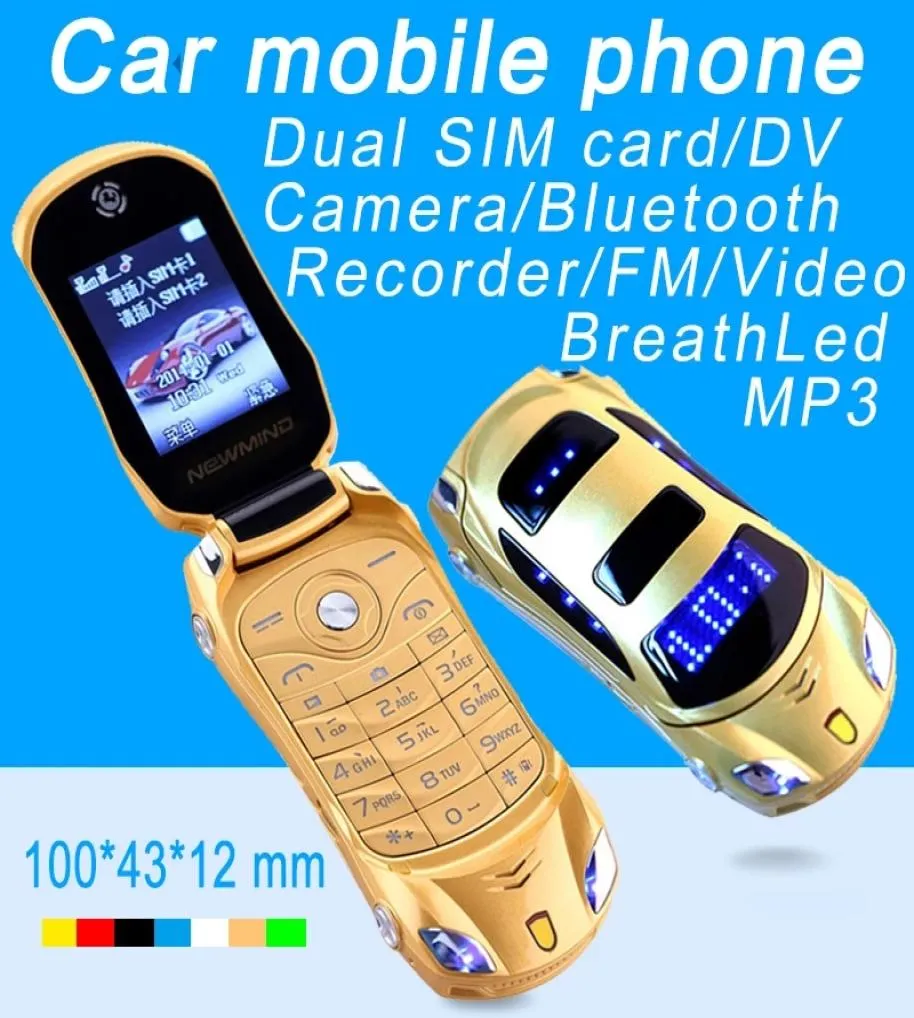 Telefoni Flip sbloccati originali Newmind F15 Led Light Cartoon Mini Sports Car Model Lantern Bluetooth Cellulare Dual Sim Car9531323