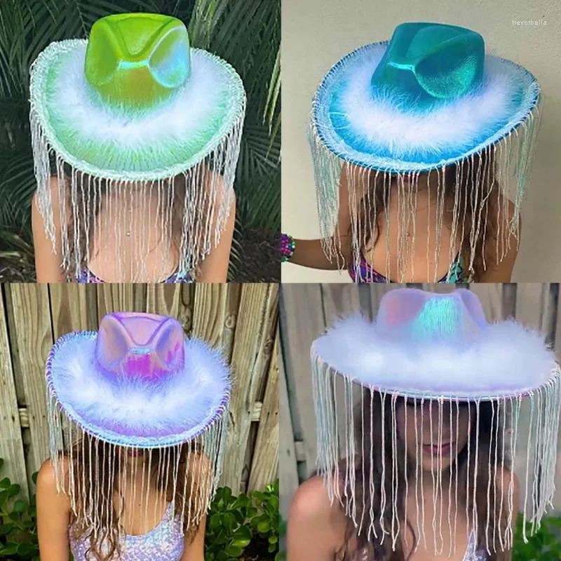 Boinas Y166 Sombreros de fiesta divertidos Sombrero de vaquero para mujer Borlas de brillo Adornos peludos occidentales Disfraz Vestir