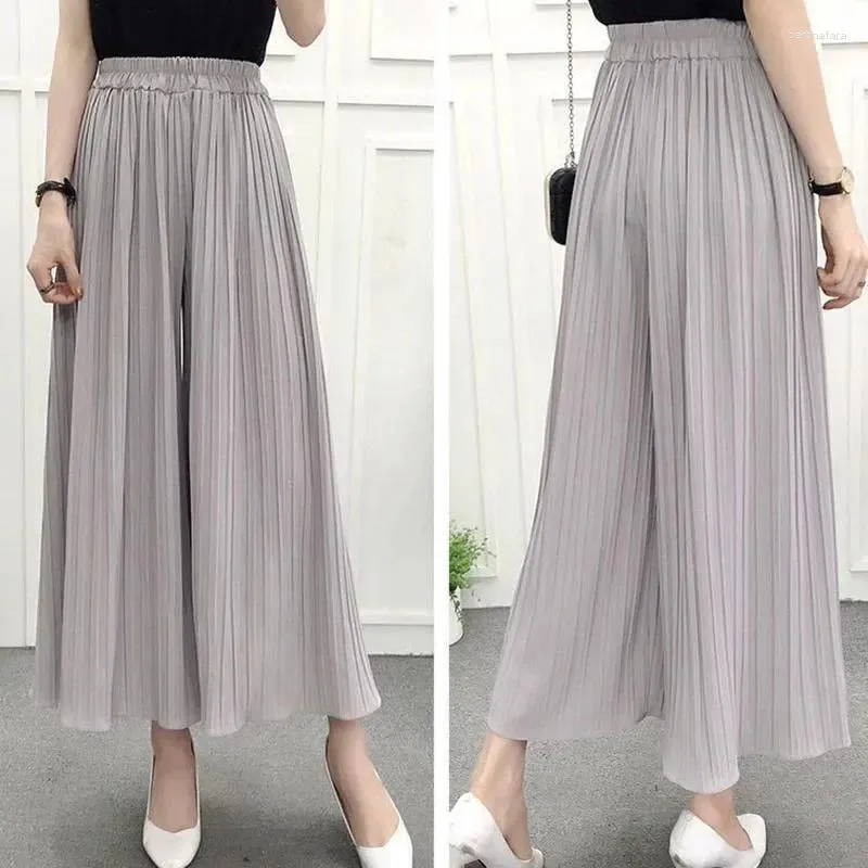 Women's Pants 2024 Summer Thin Wide Leg Women Casual Loose Elastic Waist Pleated Trousers Female Chiffon Ankle Length