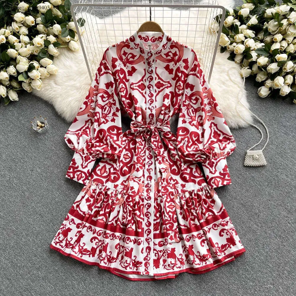 Dress 2023 Retro Spring Palace and Autumn New Stand-up Collar Print Lantern Sleeve Waist Tie Single-breasted Shirt Skirt St-up